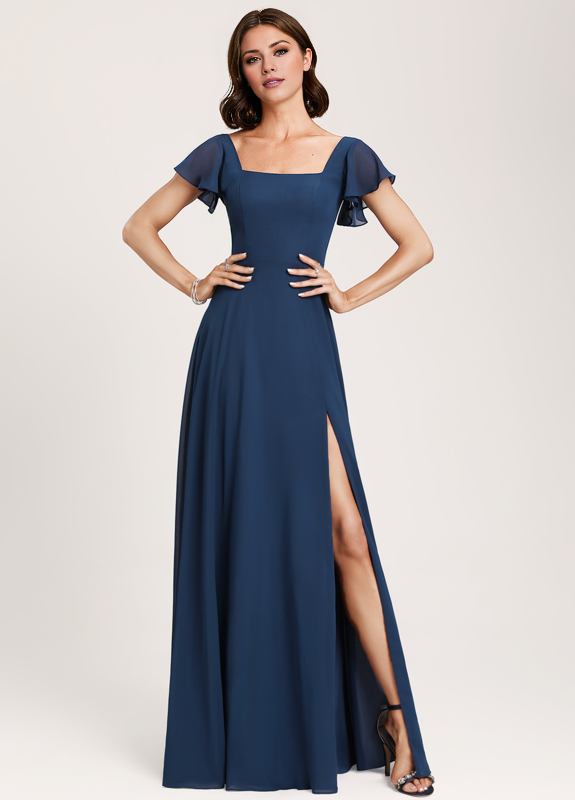 Vestido de dama de honor de gasa con volantes, corte A, cuadrado, largo hasta el suelo