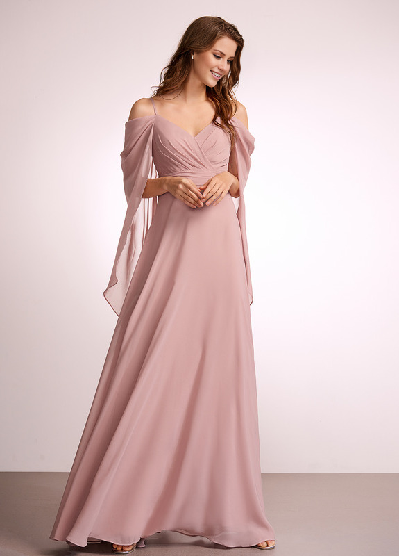 Dusty Rose Chiffon A-Line Floor-Length Bridesmaid Dress with Draped V-Neck Bodice and Off-the-Shoulder Sleeves
