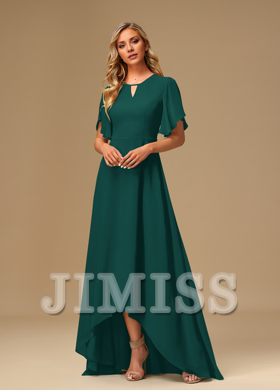 Vestido de dama de honor asimétrico de gasa con escote barco y volantes en forma de A