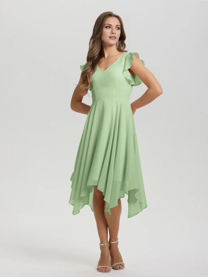 Lotus leaf edge sleeve V-neck asymmetrical tea long chiffon tea long bridesmaid dress