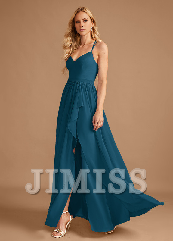 Vestido de dama de honor de gasa con volantes asimétricos y escote en V en forma de A