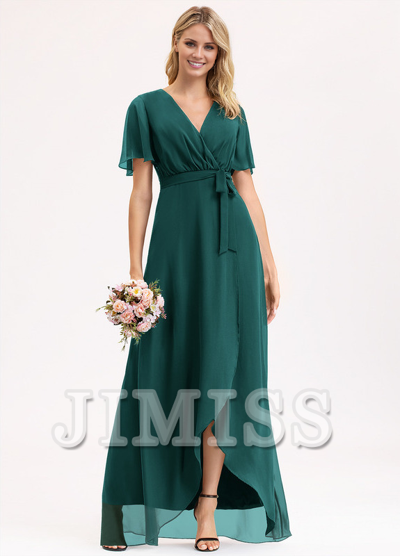 A-line V-neck asymmetric bow pleated chiffon bridesmaid dress