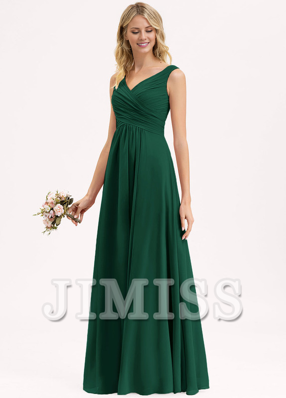 Abito da damigella d'onore in chiffon plissettato, lungo fino al pavimento, con scollo a V e linea ad A