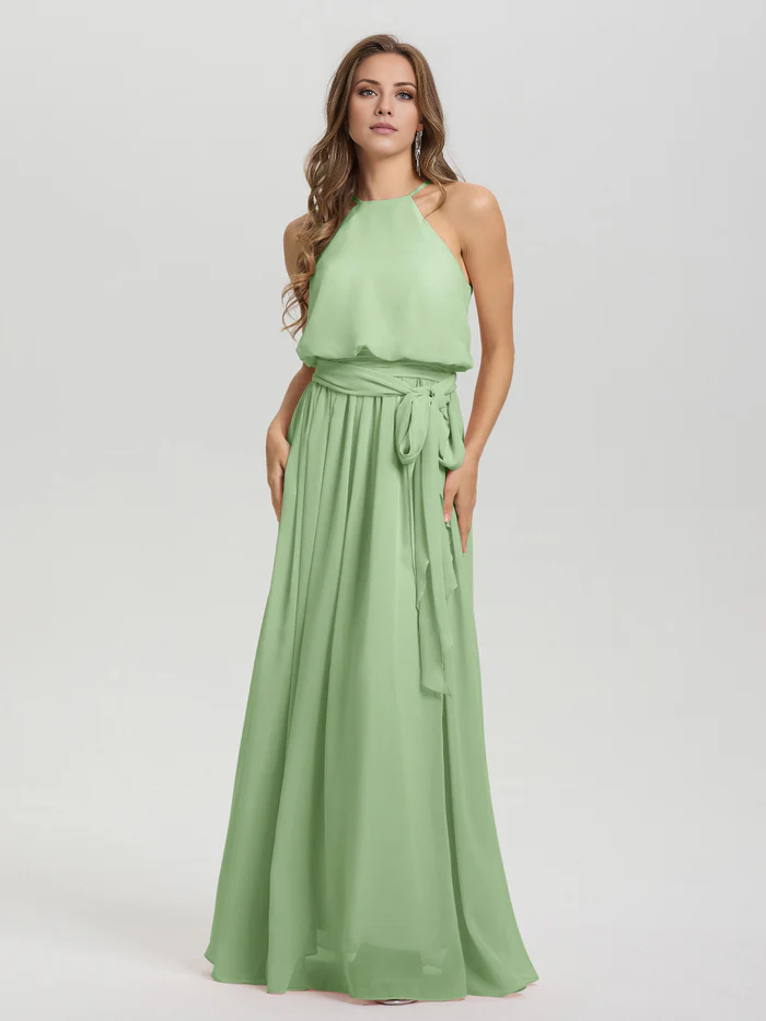 Vestidos de dama de honor de gasa sin mangas, con cuello redondo bajo y largo hasta el suelo