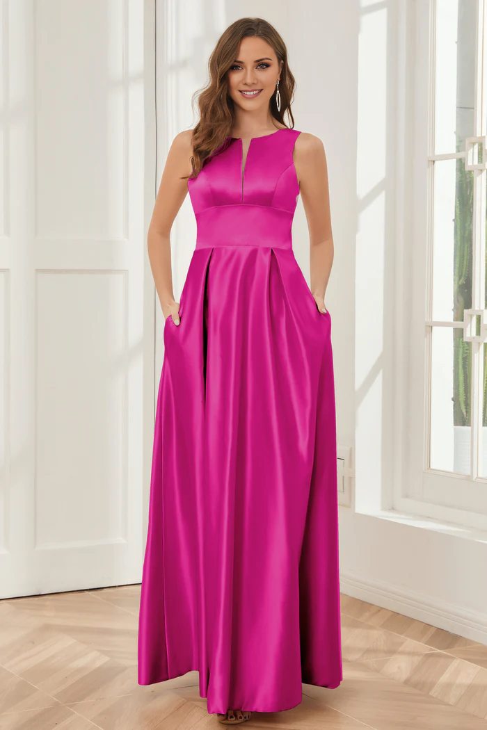 Abito da damigella d'onore a trapezio, senza maniche, in raso, lungo fino al pavimento