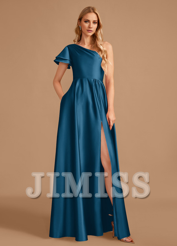 Abito da damigella d'onore in raso, monospalla, lungo fino a terra, a trapezio