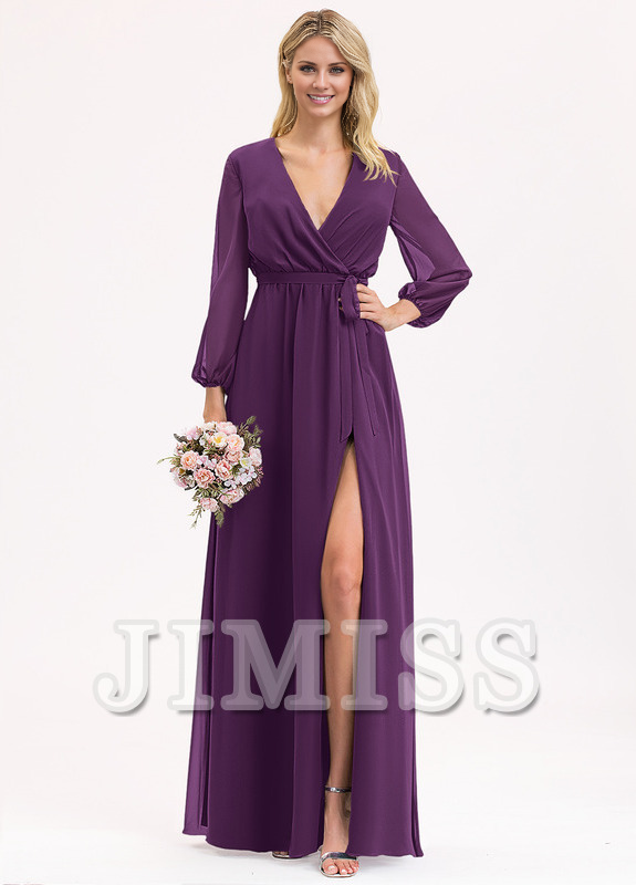 Abito da damigella d'onore in chiffon con scollo a V, lunghezza al pavimento, plissettato e fiocco