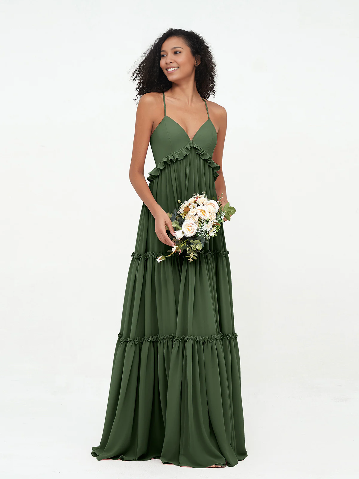 Sage Green Chiffon Tiered Floor-Length Dress with V-Neck and Ruffle Trim