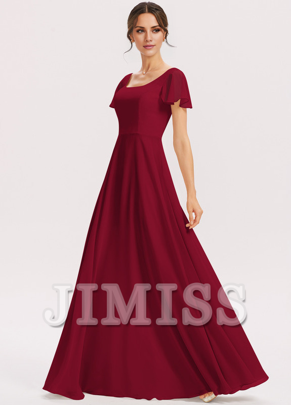 Vestido de dama de honor de gasa con volantes escalonados, corte A, cuadrado, largo hasta el suelo