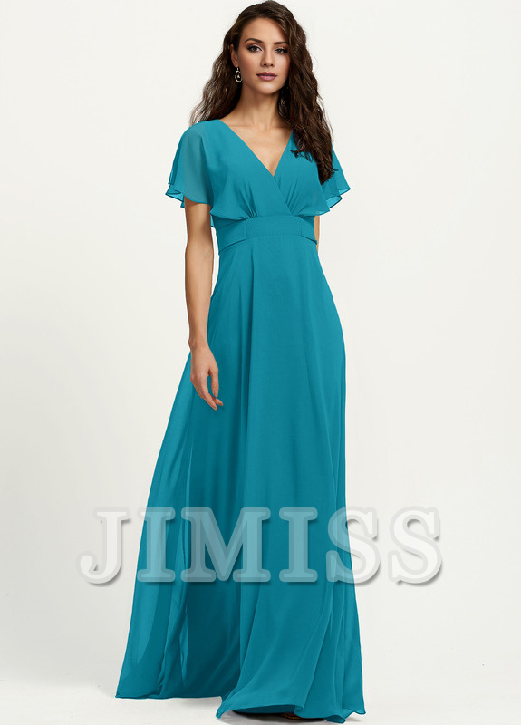 Abito da damigella d'onore in chiffon lungo fino al pavimento, con scollo a V e linea ad A