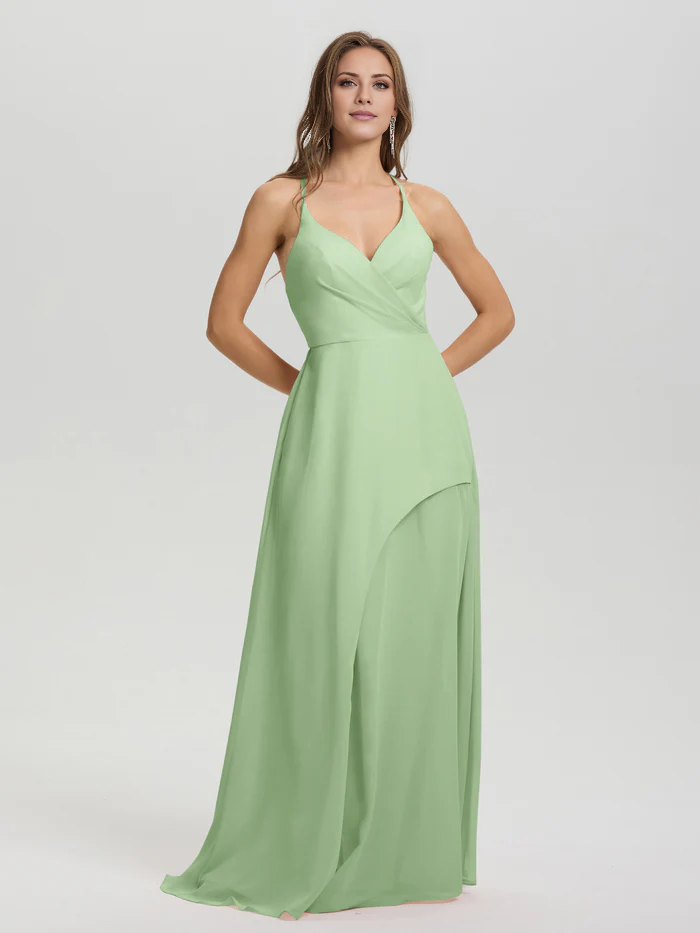 Shoulder strap V-neck backless long chiffon formal and floor length Bridesmaid dresses