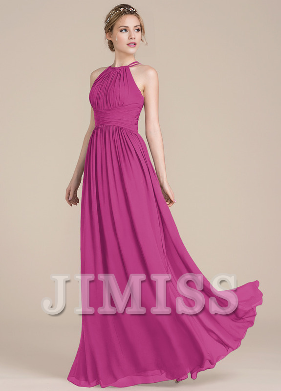 Vestido de dama de honor de gasa con escote redondo y corte A con diseño de hojas de loto