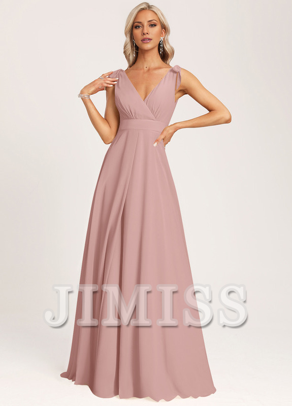 Vestido de dama de honor con escote en V y lazo de gasa en el fondo