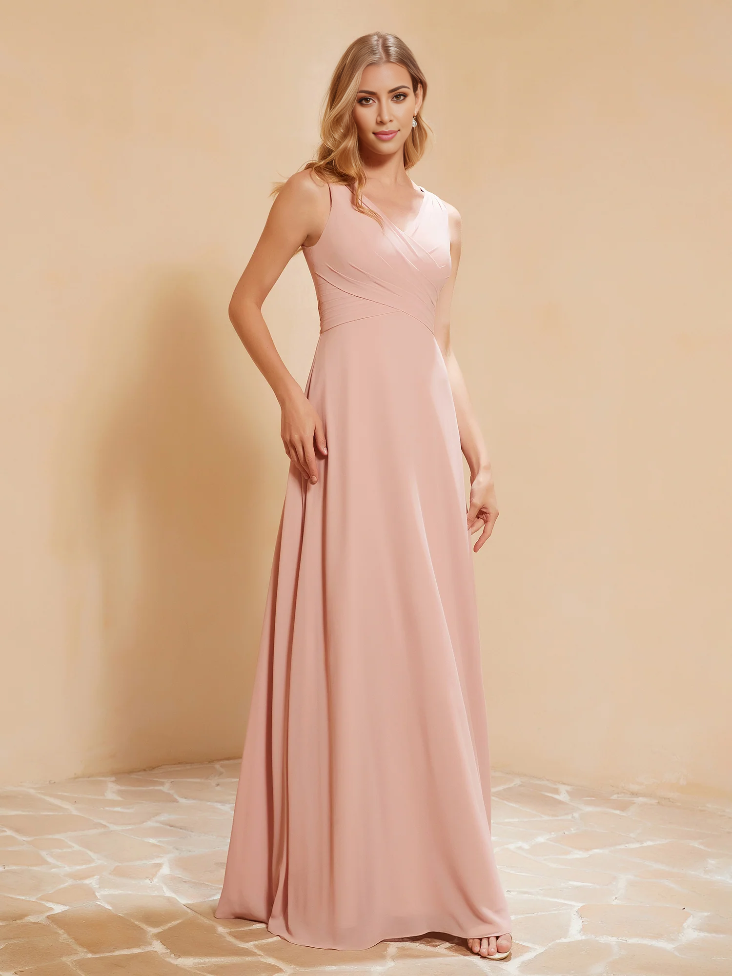 Vestido de gasa con escote en V y lazo plisado