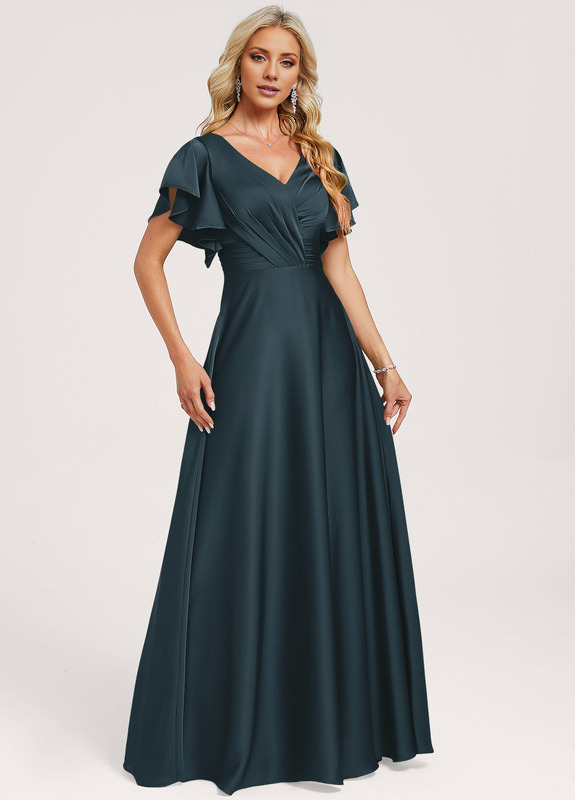 Vestido de dama de honor de satén con volantes, escote en V y largo hasta el suelo