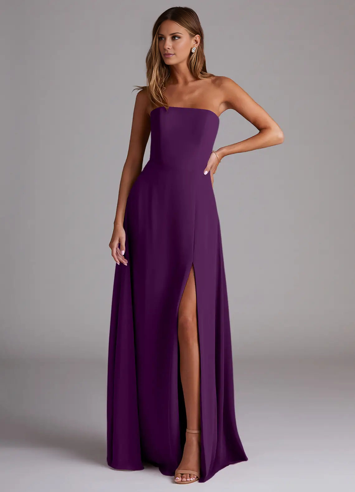 Vestido de dama de honor de corte A, de gasa con abertura lateral y largo hasta el suelo - Vestido Jimiss 