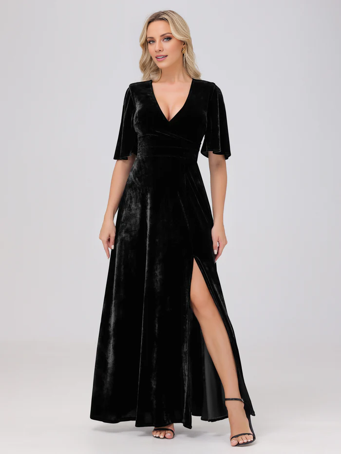 Abito da damigella d'onore in velluto con scollo a V, maniche corte e spacco, lunghezza al pavimento