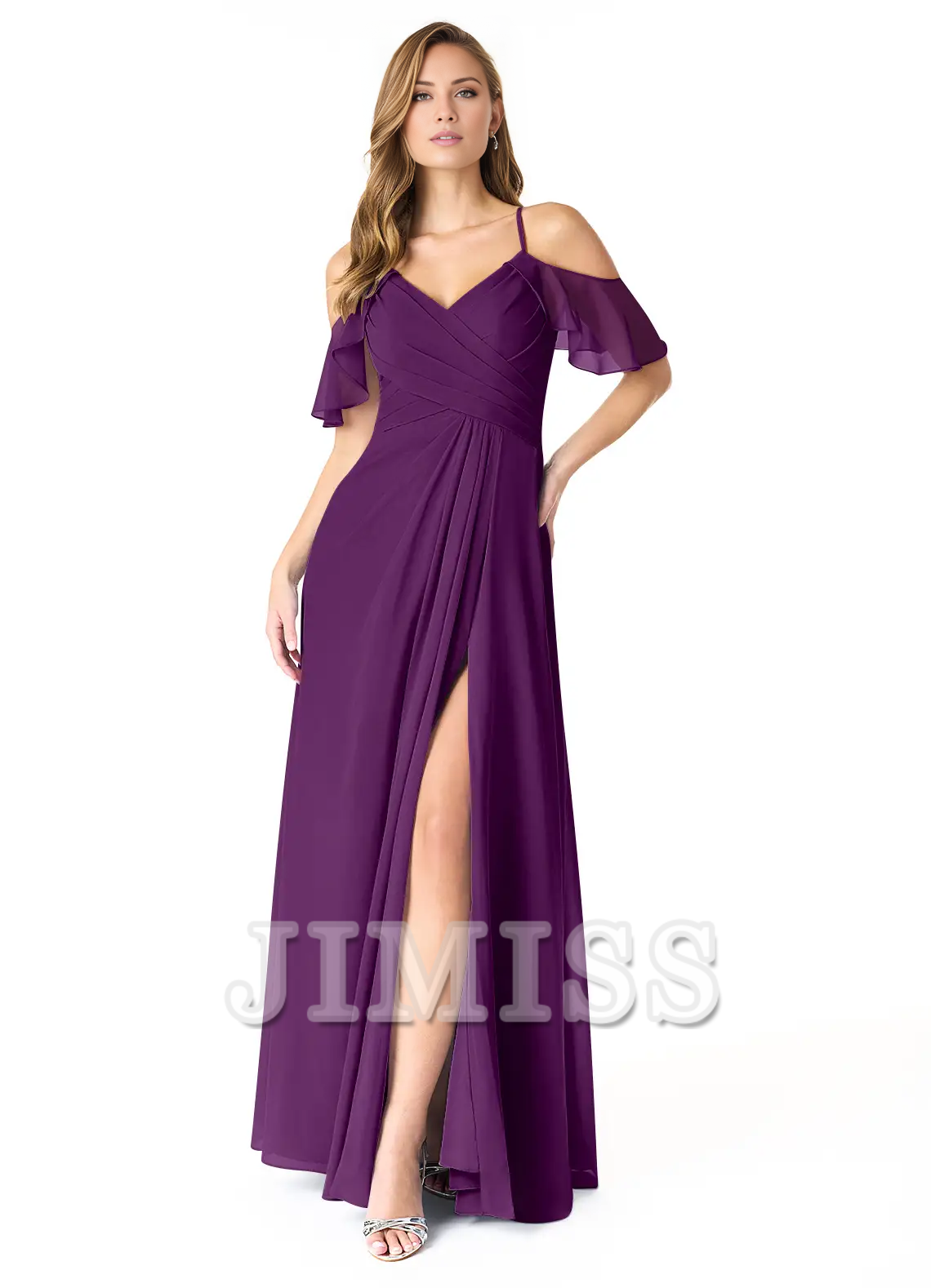 Vestido de dama de honor de gasa plisada con escote en V, corte A, abertura lateral y largo hasta el suelo - Vestido Jimiss 