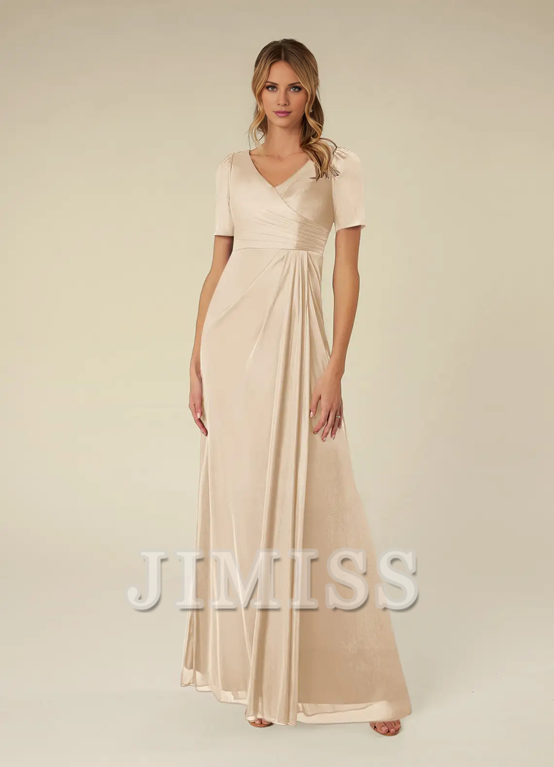 Abito da madre della sposa lungo fino al pavimento, a maniche corte, in rete plissettata, a trapezio