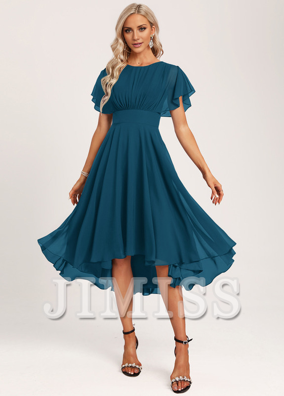 Vestido de dama de honor asimétrico de gasa con volantes, corte A y cuchara