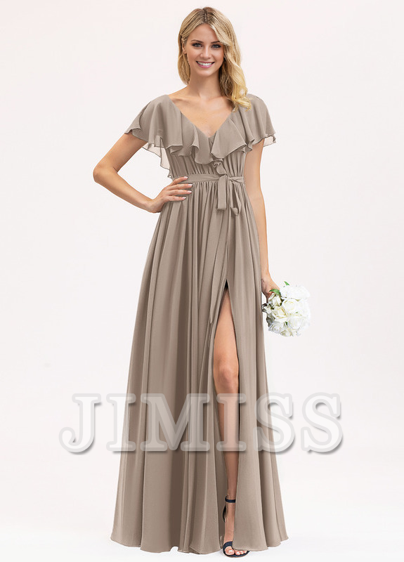 Abito da damigella d'onore in chiffon con scollo a V, lunghezza al pavimento, balze a balze e fiocco