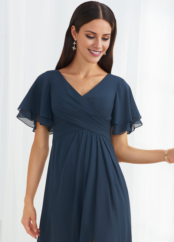 Abito da damigella d'onore in chiffon lungo fino al pavimento, con scollo a V e linea ad A