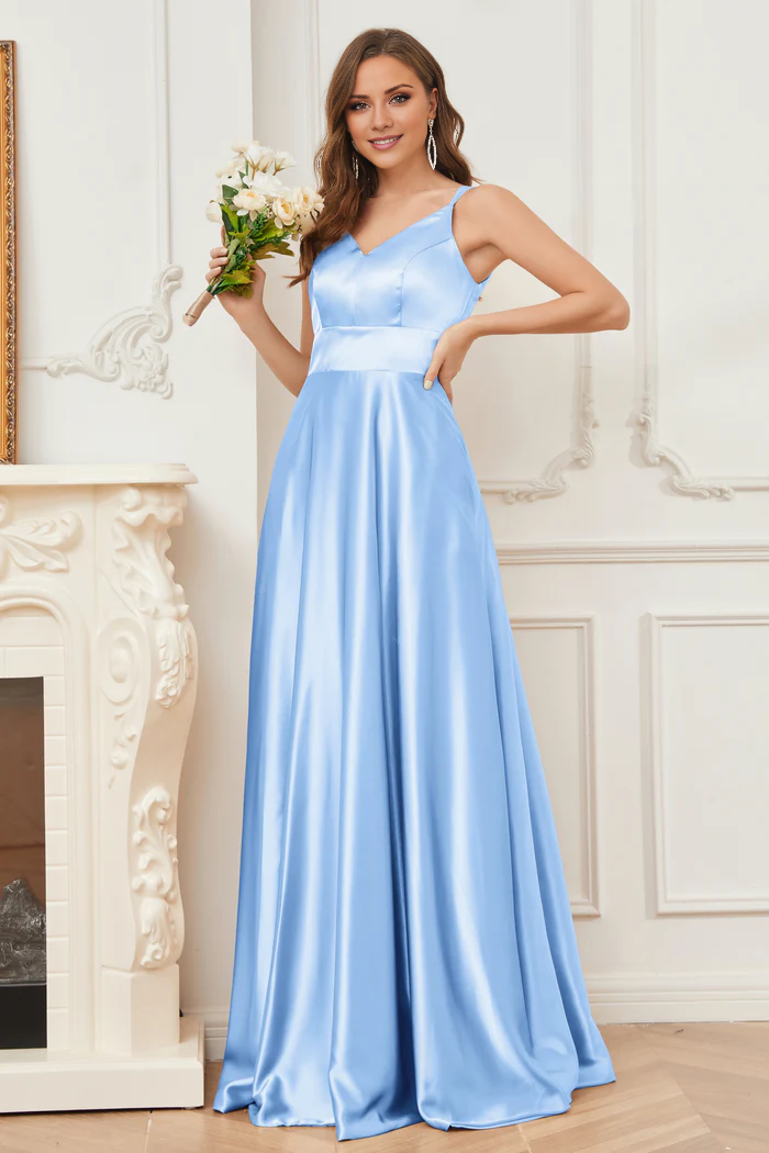 Vestido de dama de honor de satén suave, escote en V y tirantes finos hasta el suelo
