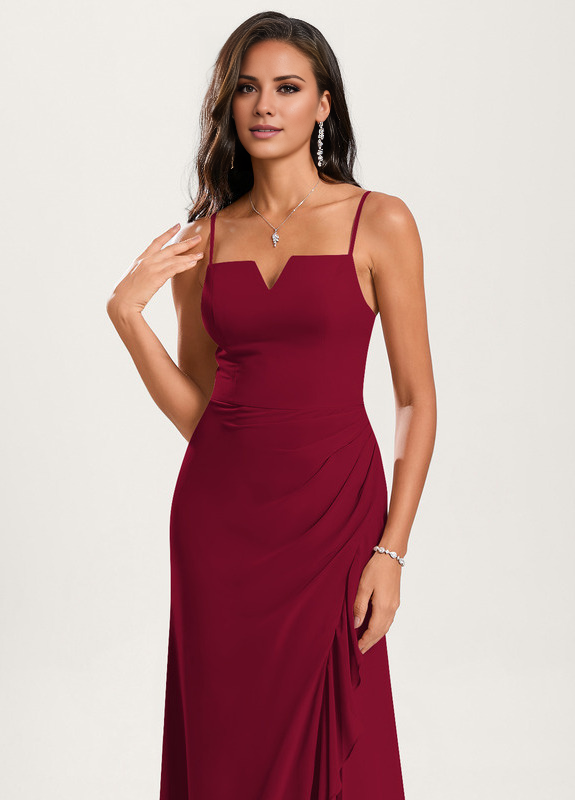 Burgundy Chiffon A-Line Floor-Length Dress with Draped High Slit, V-Neck & Back Zip