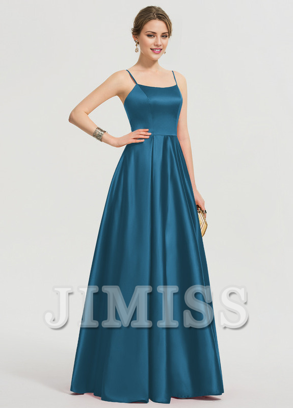 Vestido de fiesta largo hasta el suelo de satén con escote en A y corte cuadrado