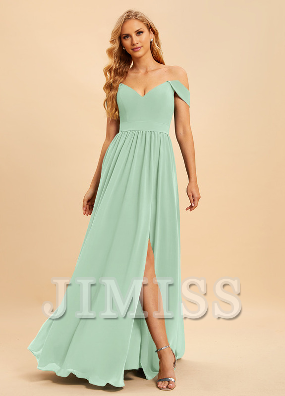 Abito da damigella d'onore in chiffon lungo fino a terra, con spalle scoperte e linea ad A