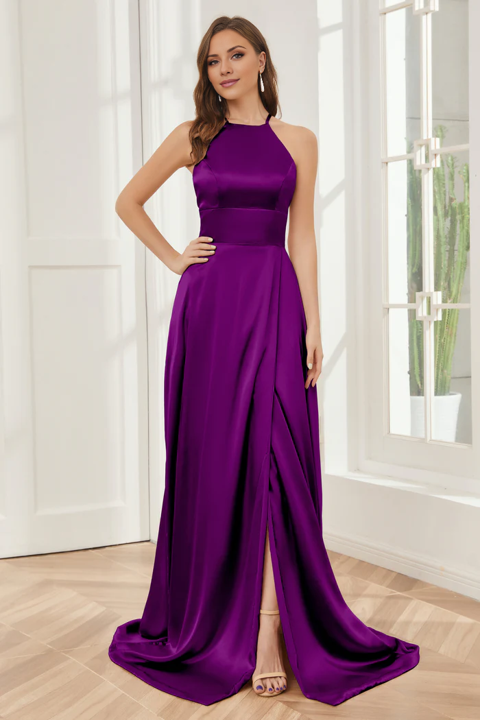 Vestido de dama de honor largo hasta el suelo de satén suave con escote de columna