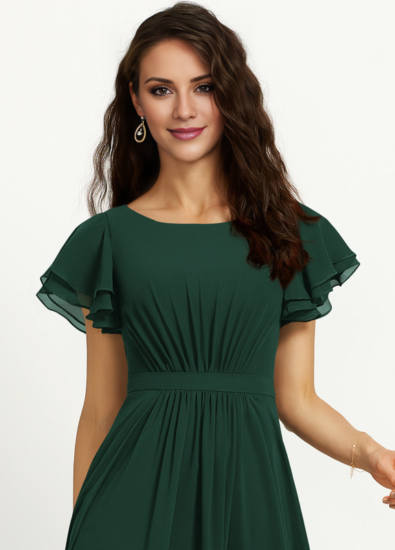 Vestido de dama de honor de gasa con escote redondo y volantes en forma de A