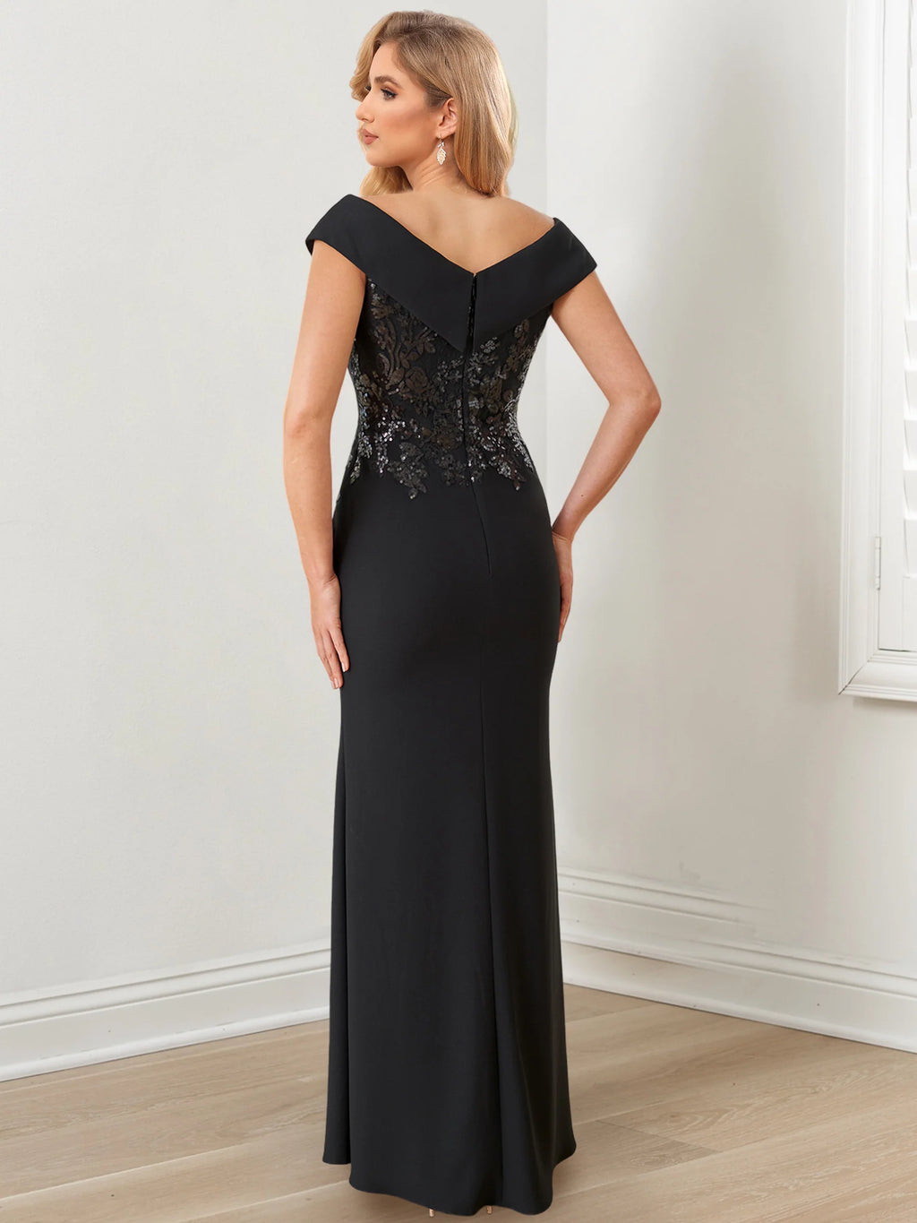 Black Off-the-Shoulder Sequin Crepe Sheath Floor-Length Dress
