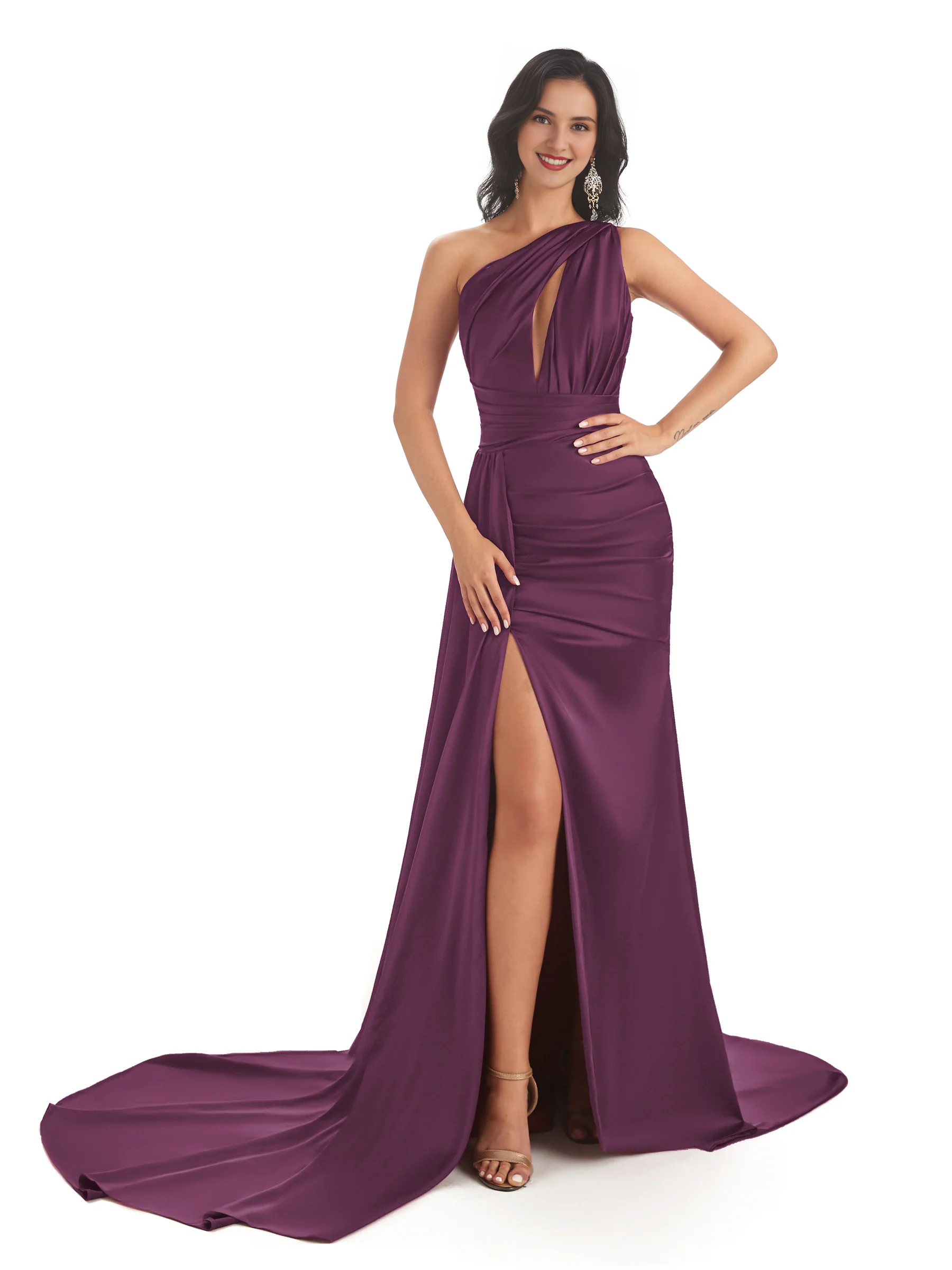 Sexy and soft satin side slit one shoulder fish tail long wedding bridesmaid dress