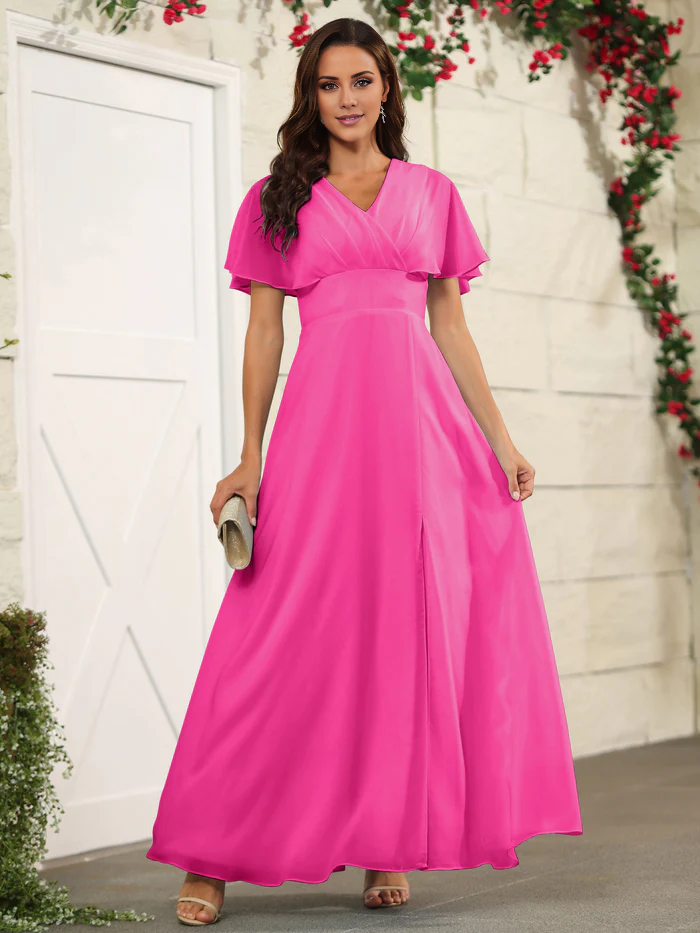 Chiffon short sleeved V-neck slit and floor length bridesmaid dress