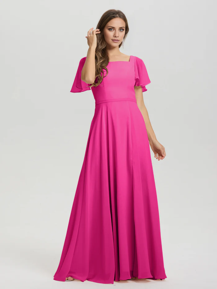 Vestido de dama de honor de gasa con cuello cuadrado, corte A, mangas cortas con volantes y largo hasta el suelo