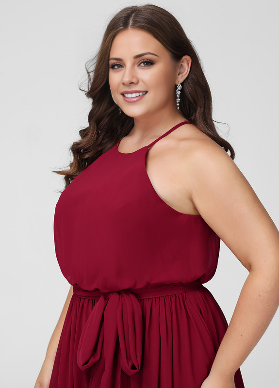 A-line low round neck bow floor mopping chiffon bridesmaid dress