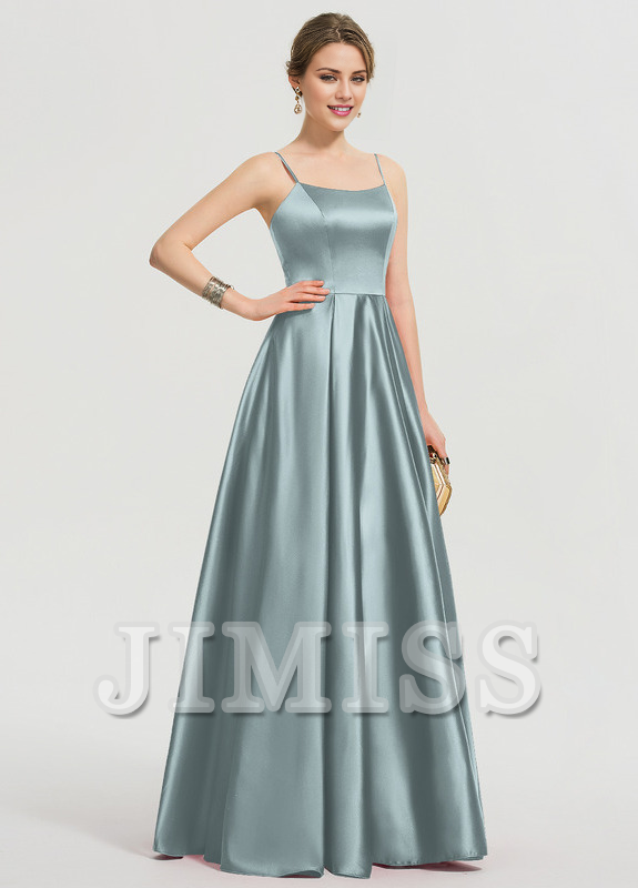 Vestido de fiesta largo hasta el suelo de satén con escote en A y corte cuadrado