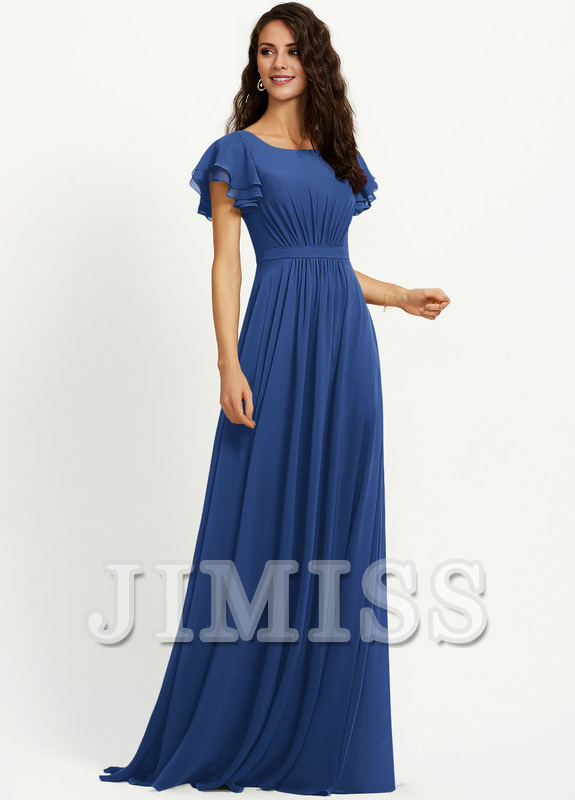 Vestido de dama de honor de gasa con escote redondo y volantes en forma de A