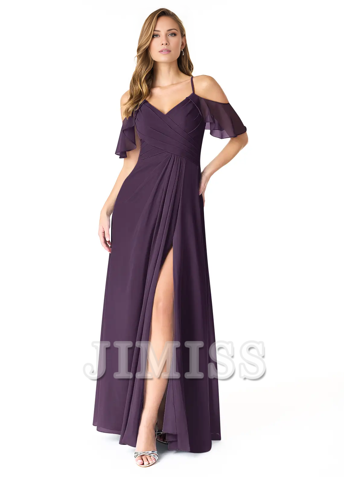 Vestido de dama de honor de gasa plisada con escote en V, corte A, abertura lateral y largo hasta el suelo - Vestido Jimiss 