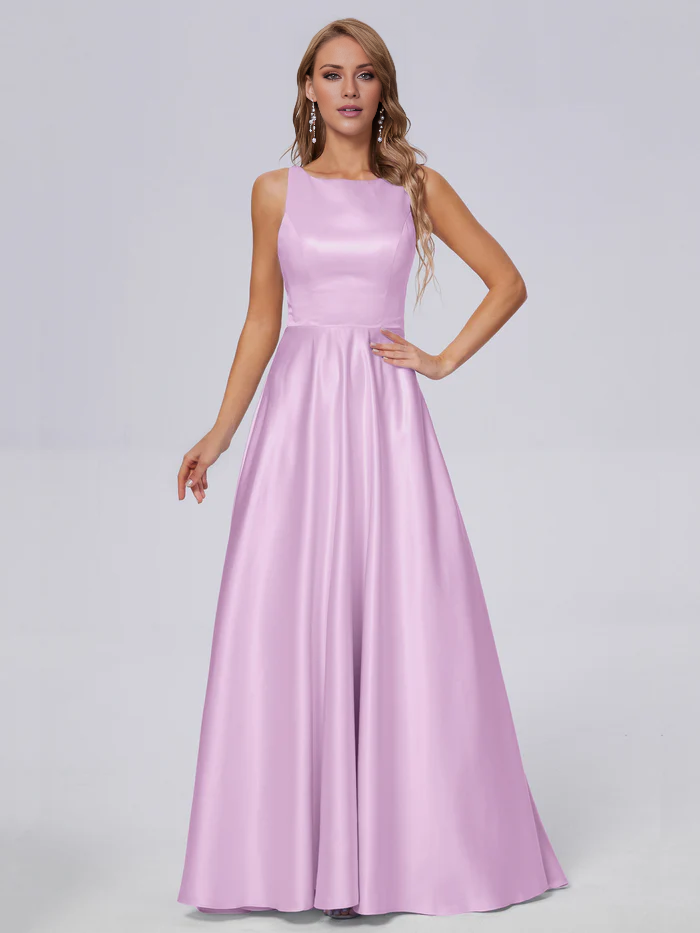 Sleeveless satin long and floor length bridesmaid dress