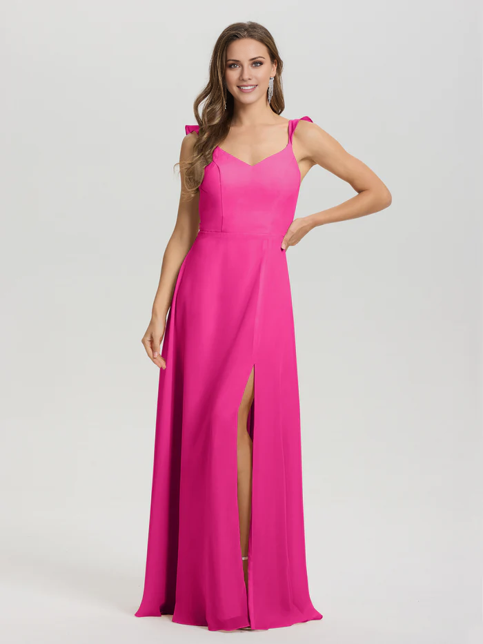 Vestido de dama de honor largo hasta el suelo con abertura en gasa con escote en V y tirantes anudados