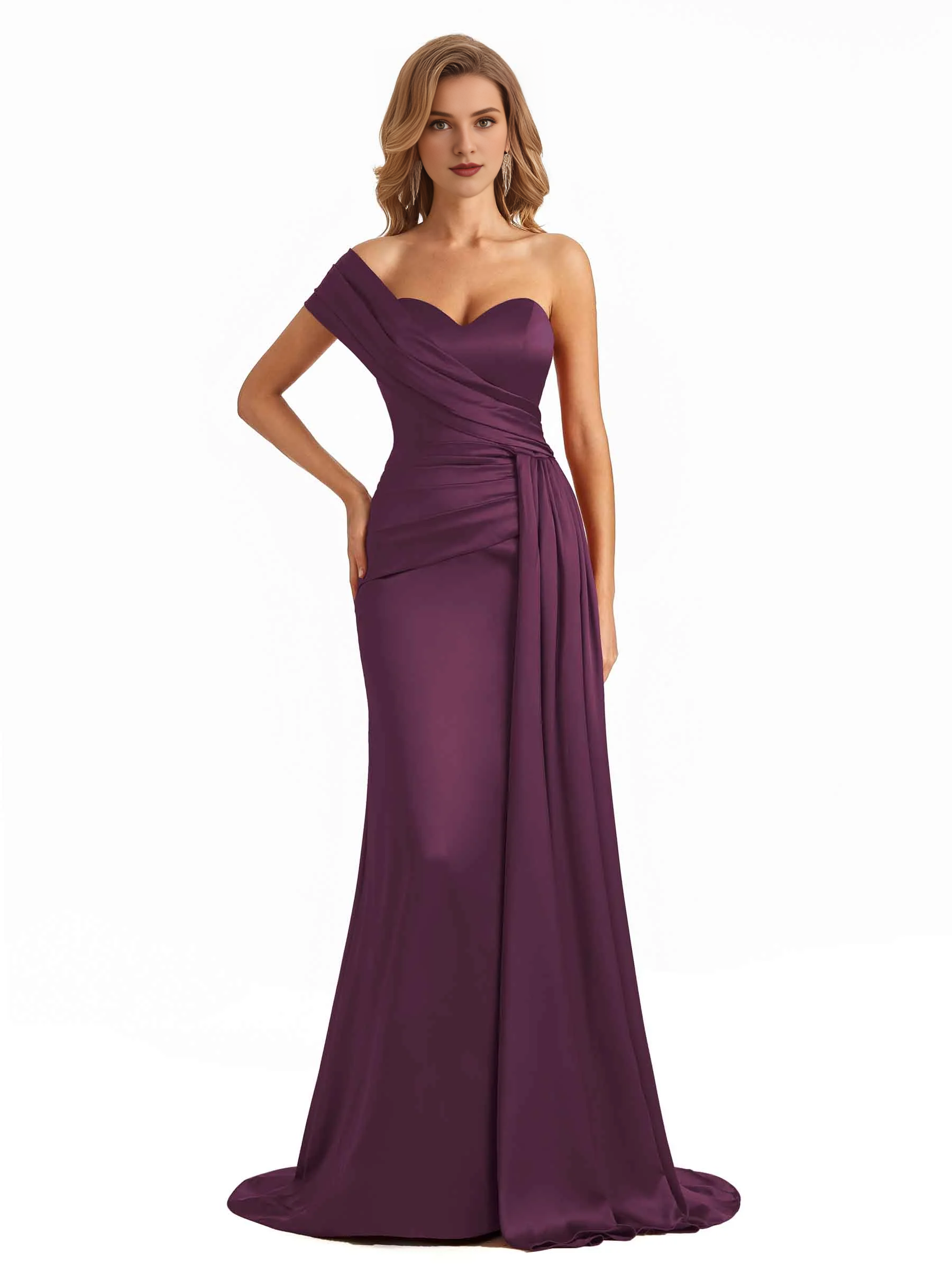 Elegant one shoulder soft satin long fish tail bridesmaid dress