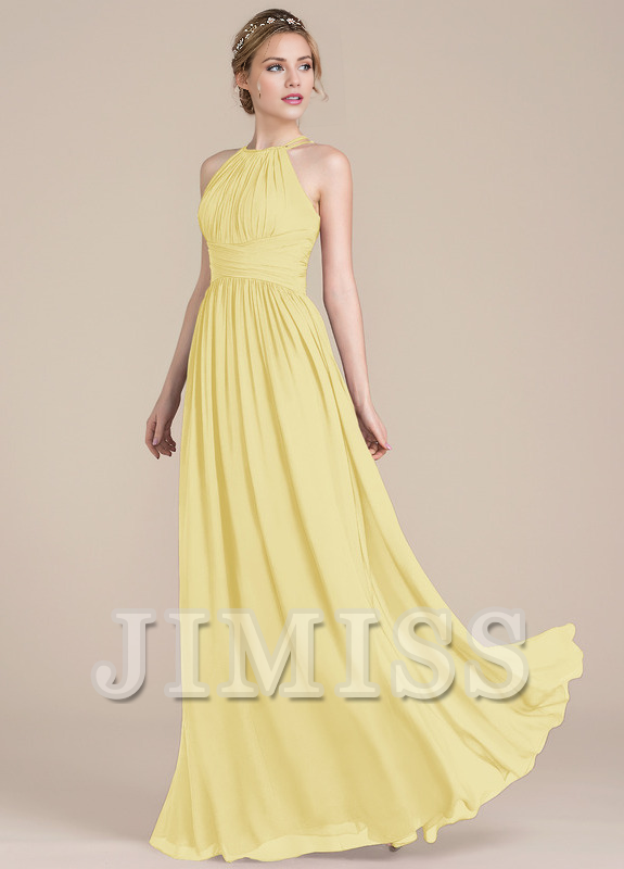 Vestido de dama de honor de gasa con escote redondo y corte A con diseño de hojas de loto