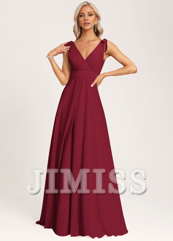 Vestido de dama de honor con escote en V y lazo de gasa en el fondo