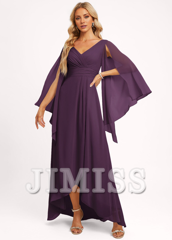 Dusty Sage Chiffon A-Line High-Low Dress with Draped V-Neck and Cape Sleeves