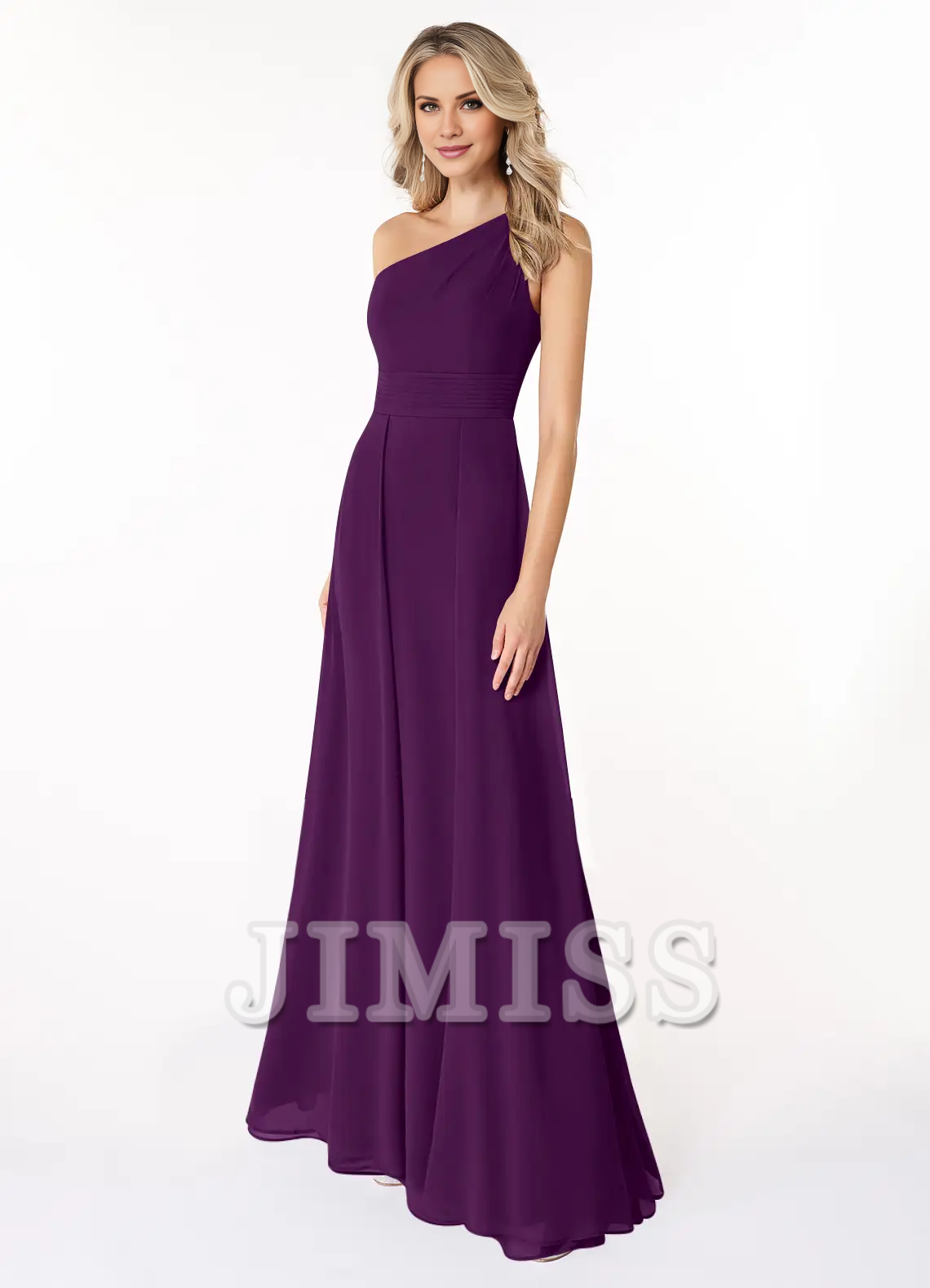 Vestido de gasa con hombros en forma de A y vestido de dama de honor largo hasta el suelo - Vestido Jimiss 
