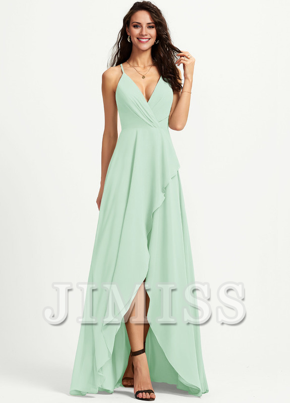 A-line V-neck asymmetric chiffon bridesmaid dress