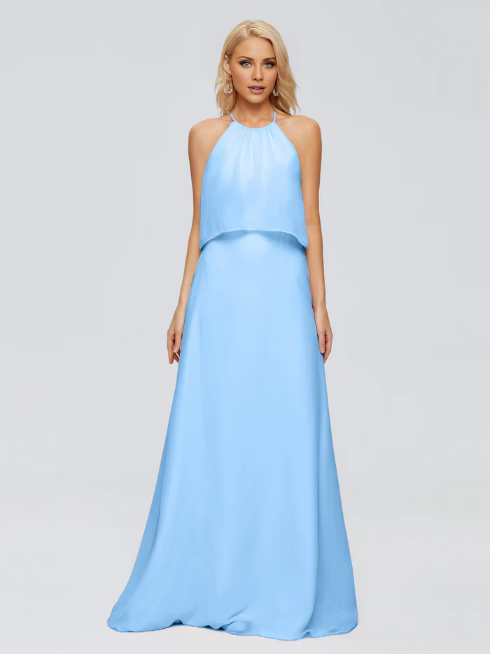 Vestido de dama de honor largo hasta el suelo en gasa con escote halter