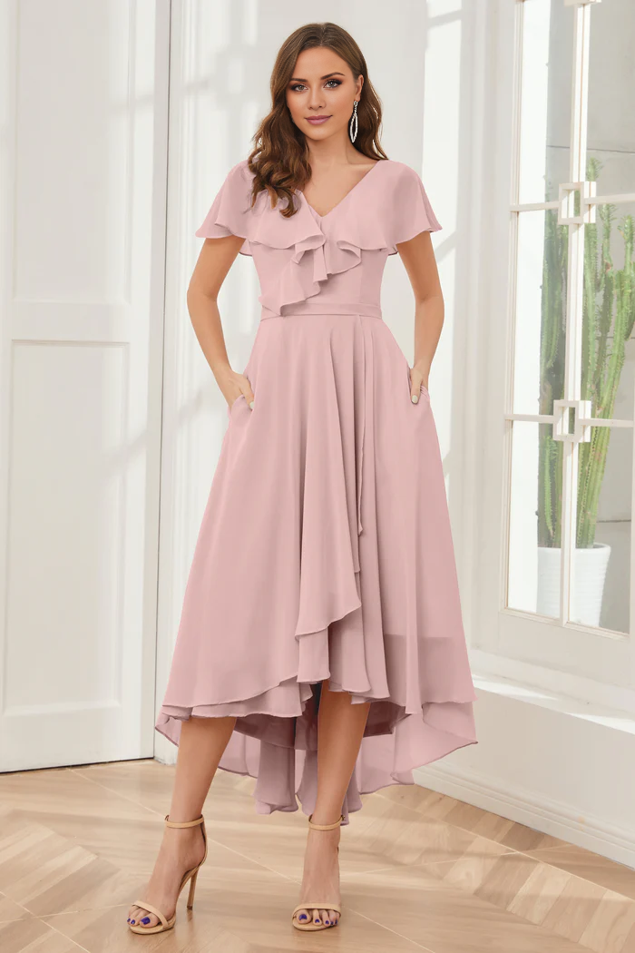 V-neck high-low short sleeved tea long bridesmaid dress